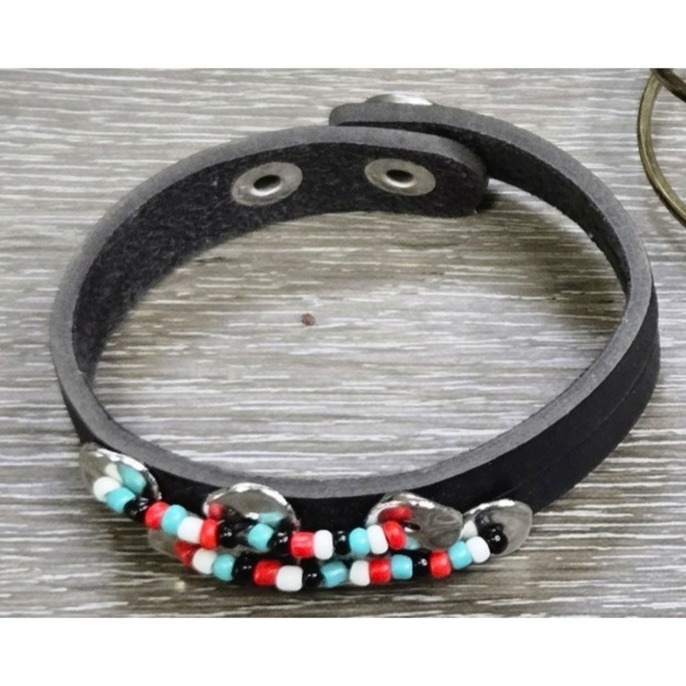 Black Leather Bracelet Seed Bead Design Adjustable Snap Western Boho Native Trib
